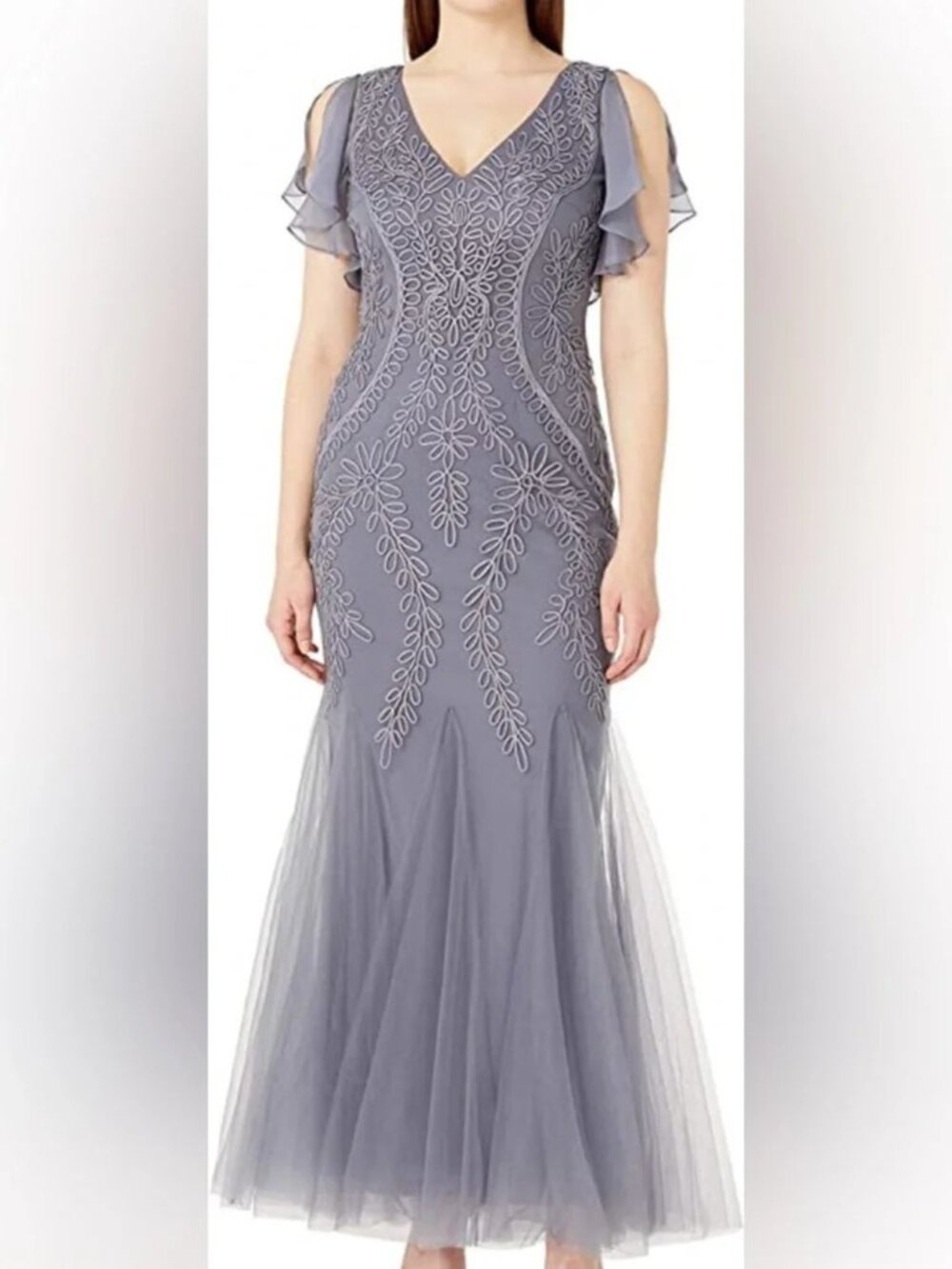 Cachet Gray Mermaid Tulle Embroidered Dress Size 14